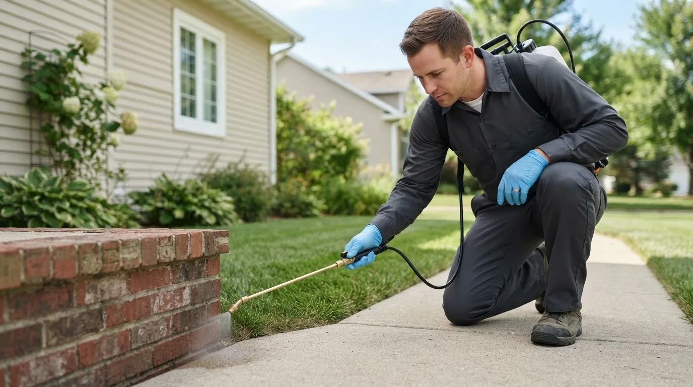 Pest control technician treating a home near Guttenberg, IA