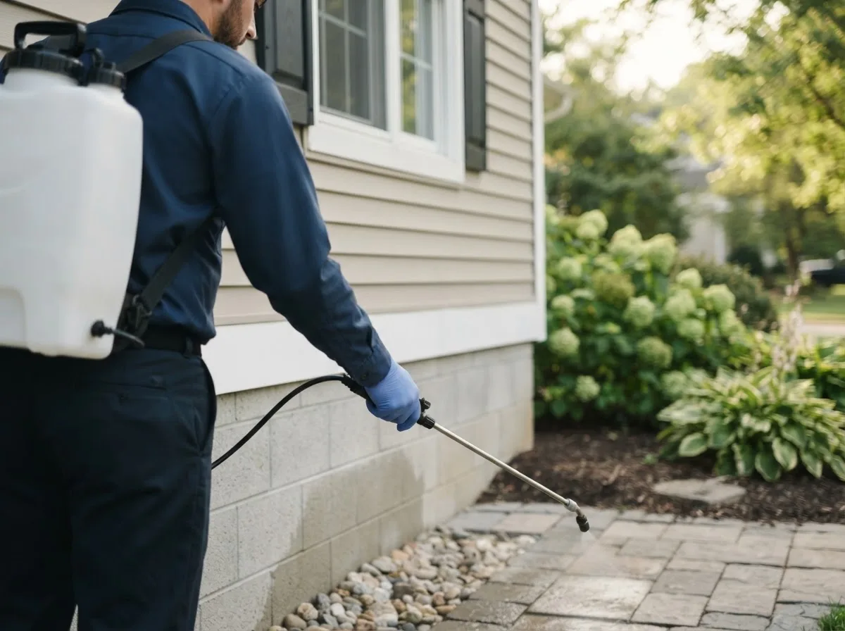 Pest control technician inspecting a home in Guttenberg, IA